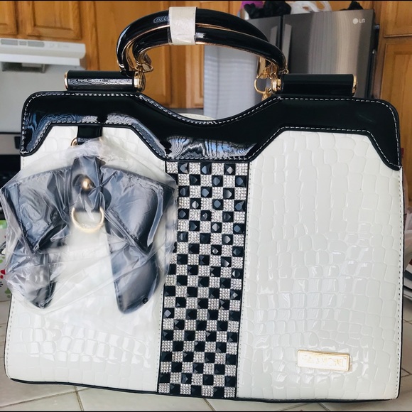 Patent Embossed Rhinestone Handbag - Picture 2 of 8